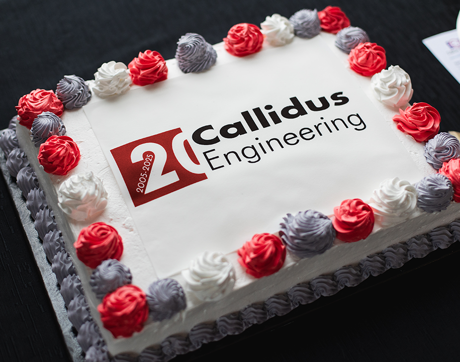 Rectangular cake celebrating Callidus Engineering’s 20th anniversary, with the company logo printed on white icing and red, white, and grey rosette frosting around the edges.