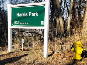 Entrance sign for Harris Park at 531 Ridout Street North in London, Ontario.
