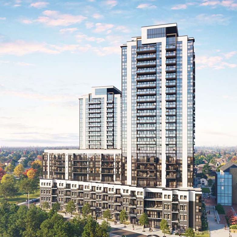 Architectural rendering of SOHOSQ’s twin residential towers with podium, surrounded by trees in autumn.