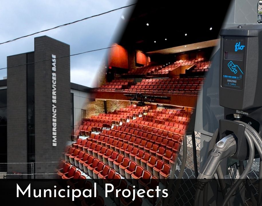 A collage featuring three images representing municipal projects: a modern emergency services building, an empty auditorium with red seating, and an electric vehicle charging station. The text “Municipal Projects” appears at the bottom.