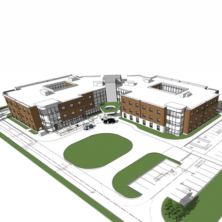 Trillium Villa Architectural rendering of the Trillium Villa Long Term Care facility, L-shaped brick building with large windows, landscaped green areas, and parking spaces in front, viewed from an elevated angle.