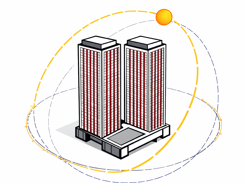 Stylized illustration of two high-rise towers on a shared podium, with sun path arcs encircling the buildings to represent energy modeling and solar exposure.