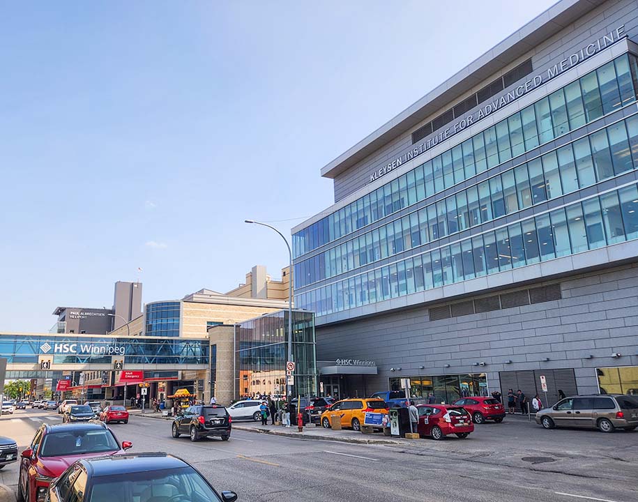Health Sciences Centre Winnipeg exterior with the Kleysen Institute for Advanced Medicine and hospital entrance.