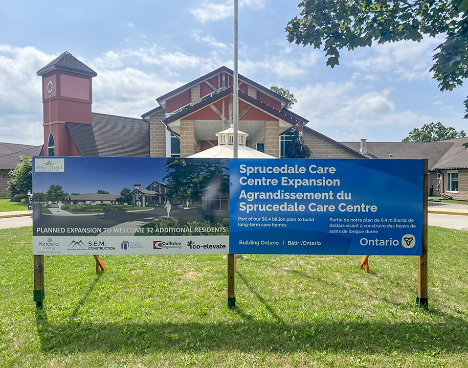 Sprucedale Care Centre with a construction sign announcing a planned expansion for 32 additional residents.