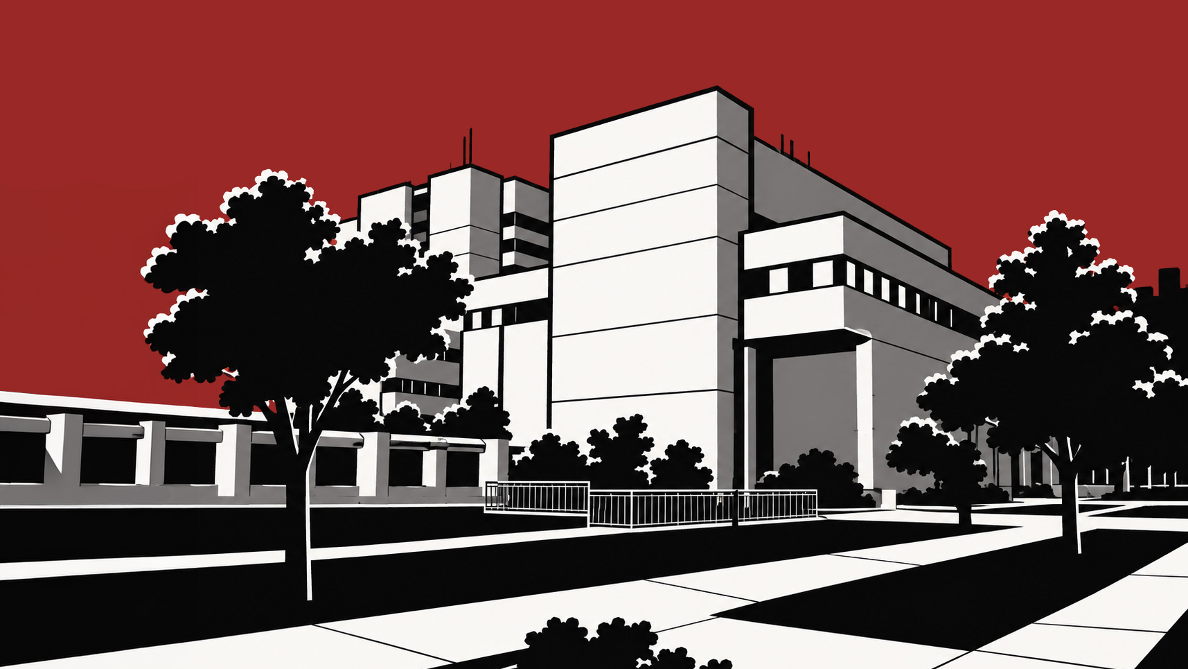 Western Social Sciences Building Black-and-white illustration of Western University's Social Science Centre, framed by trees against a red background.